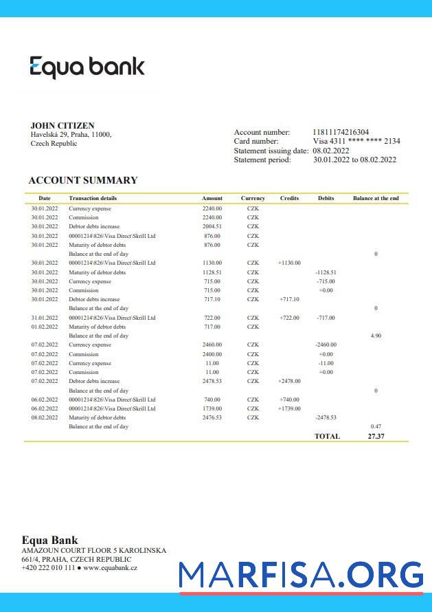 Printable Czechia Equabank statement excel example